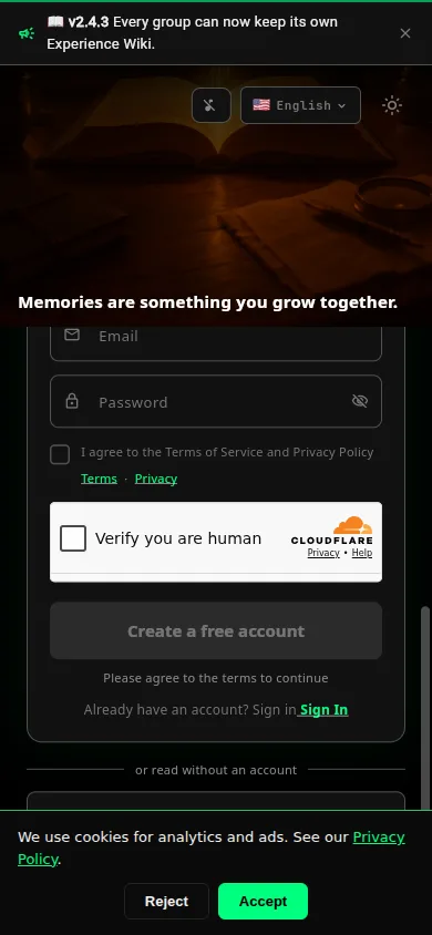 The sign-up screen with empty email and password fields and the Create a free account button